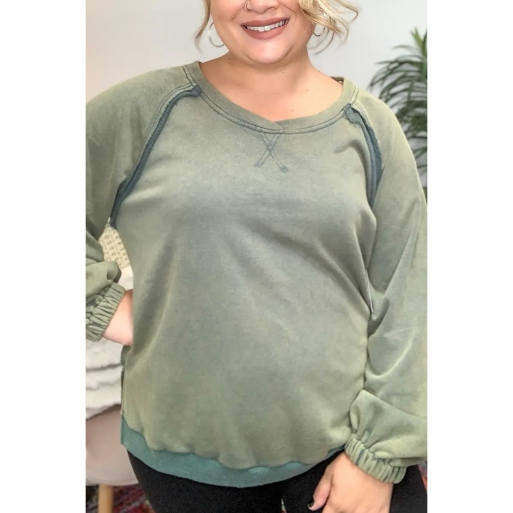 POL Olive Green Criss Cross Back Pullover | Vintage Wash French Terry Sweatshirt - Picture 5 of 11